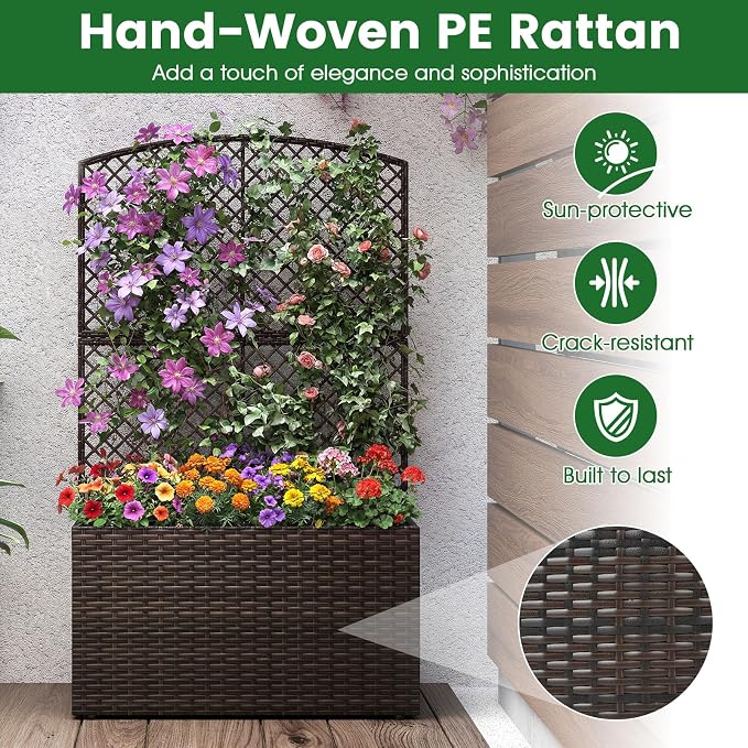 HAPPYGRILL Raised Garden Bed with Trellis, 49" Wicker Planter Box w/Privacy Screen, Liner, Drainage for Patio Balcony, Outdoor PE Rattan Elevated Garden Bed for Climbing Plant Vine Flower (Brown,2)