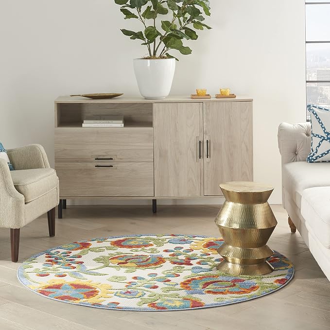 Nourison Home Aloha Ivory Multicolor 4' x Round Area Rug - Easy Clean, Non Shedding, Bed Room, Living Room, Dining Room, Kitchen (4' x Round)