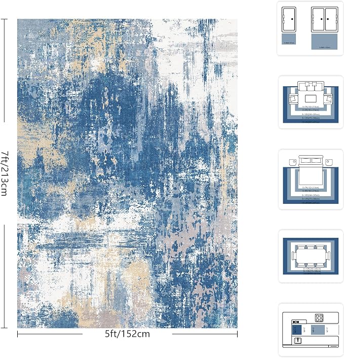 5x7 Rugs for Living Room - Modern Abstract Washable Rug, Ultra Soft Non Slip Low Pile Large Rugs, Floor Carpet for Bedroom Dining Room Office Laundry Nursery Home(Blue & Beige)