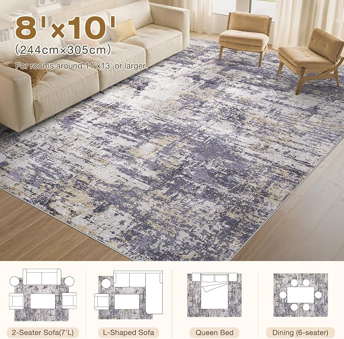 Tortania Area Rug Living Room Rugs - 8x10 Modern Abstract Neutral Large Soft Thin Rugs - Non Slip Indoor Carpet for Bedroom Dining Room Office Nursery Home Floor Decoration - Purple