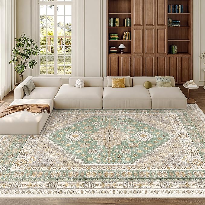9x12 Area Rugs for Living Room,Large Washable Rug,Green | Rugs for Bedroom,Dining Room,Office,Low Pile,Soft, Vintage Rug,Stain Resistant Indoor Carpet,Non Slip,Home Decor
