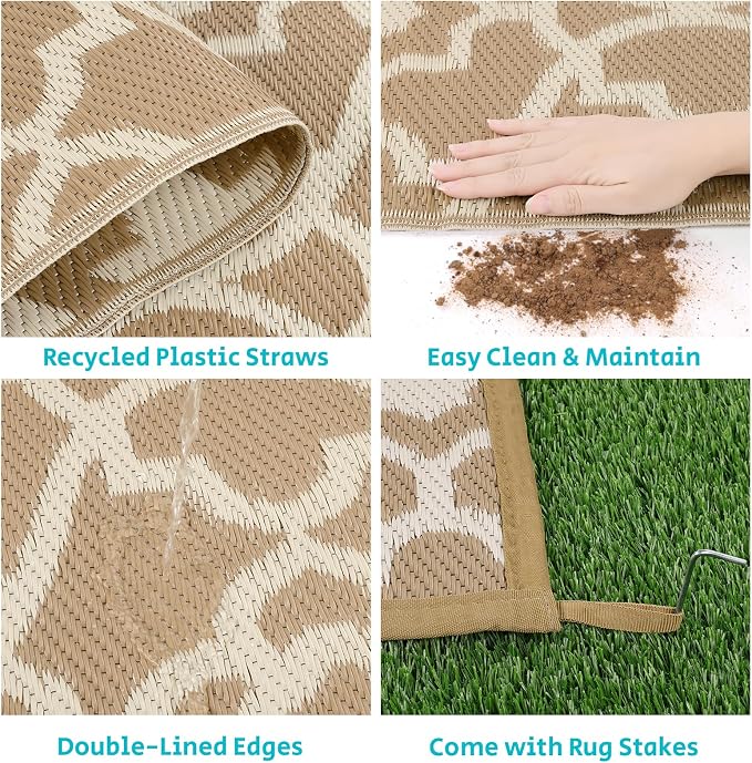 HEBE Outdoor Rug Waterproof 9x12, Reversible Plastic Straw Rug RV Camping Rug, Indoor Outdoor Patio Mat Clearance, Outside Carpet for Porch,Deck,Camper,Balcony,Backyard,Picnic