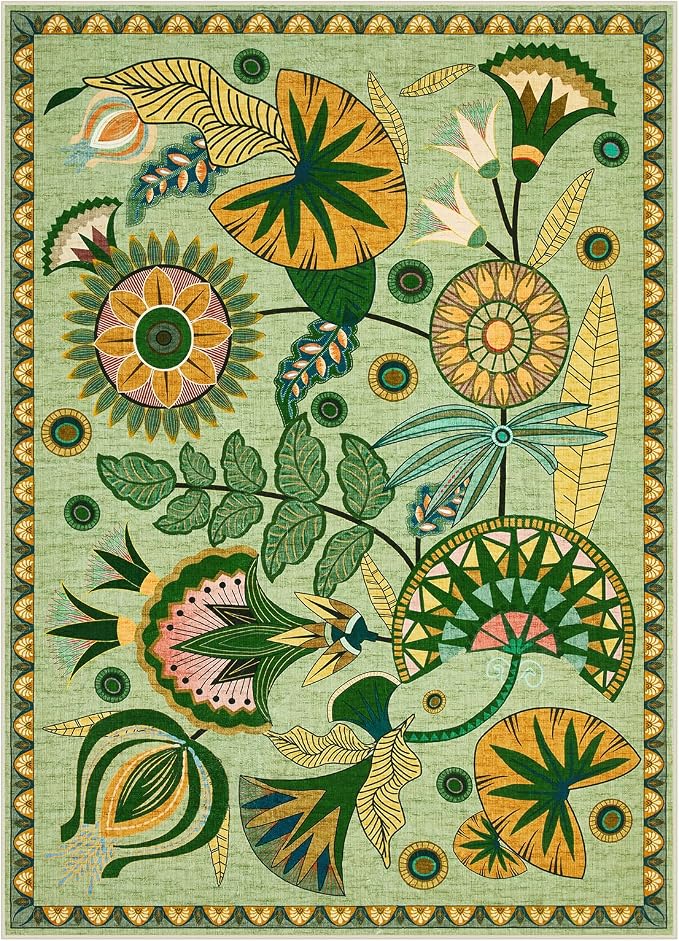 Joydeco Egypt Floral Washable Sage Green Living Room Bedroom Area Rug 6x9 | Boho Botanical Colorful Vintage Aesthetic Non Slip Flower Indoor Throw Carpet for Dining Room Office Guest Room Playroom Dorm