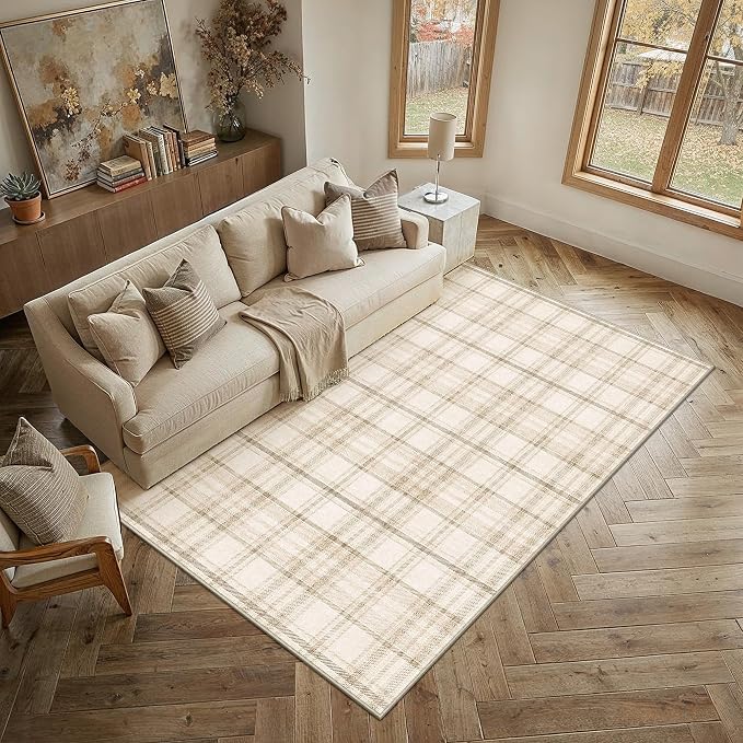 4x6 Beige Plaid Bedroom Area Rug | Washable, Low Pile, Modern, Neutral, Soft, Non Slip, Rug for Living Room Dining Room Nursery Office Indoor Home Decor