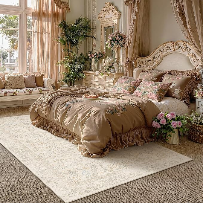 8x10 Beige Floral Area Rug Vintage Farmhouse Style | Washable, Non Slip, Soft Low Pile, Indoor Carpet for Living Room, Bedroom, Dining Room, Botanical Decor