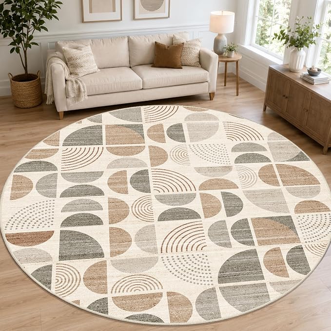 Round Rugs 9ft,Circle Area Rug Washable Non Slip Modern Abstract | Circular Rugs for Living Room Dining Room Large Boho Throw Carpet Soft Low Pile Floor Indoor Bohemian Neutral Beige