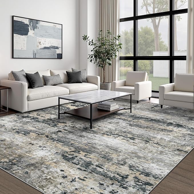pmtsns Area Rugs 9x12 for Living Room: Washable Rug Modern Abstract Neutral Soft Non-Slip Low-Pile Indoor Large Carpet for Bedroom Dining Room Playroom Home Office (Black Grey Brown, 9'x12')
