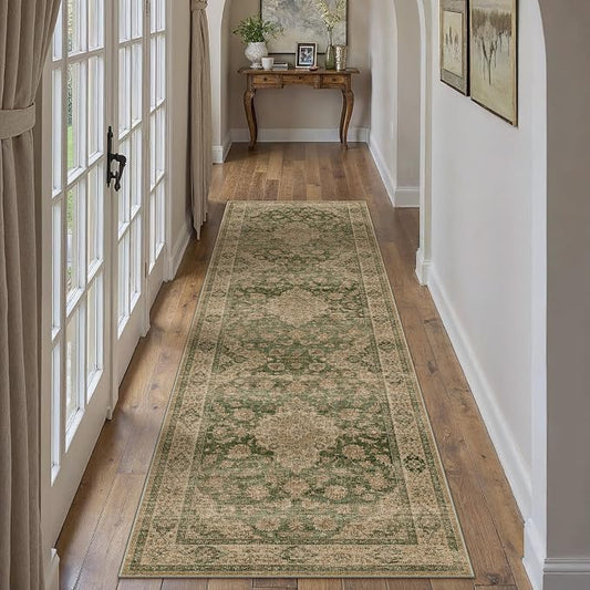 HUGEAR 2x8 Runner Rug Hallway Machine Washable Retro Green Vintage Floral Low Pile Carpet Distressed Long Throw Rug Bedroom Office Bathroom Kitchen Laundry Non Slip Soft Lightweight