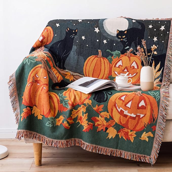 Moukeren 60 x 50 Inch Halloween Woven Tapestry Blanket with Pumpkin and Cat with Colorful Tassels for Couch Sofa Chair, and Wall Hanging Home Decor