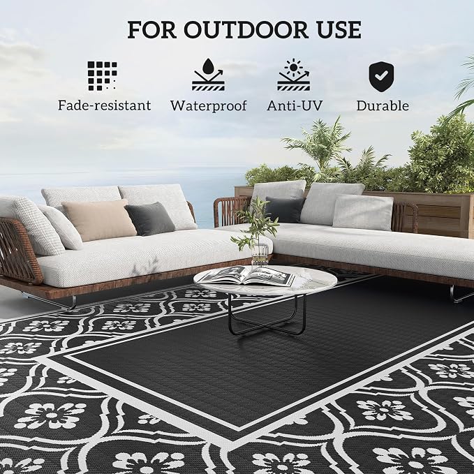 Outsunny Outdoor Rug for Patio, 9' x 18' Waterproof Large Mat, Reversible Plastic Straw Rug for Decor, Portable Outside RV Camping Area Carpet Mat for Backyard Porch Deck Picnic, Black & White Gourd