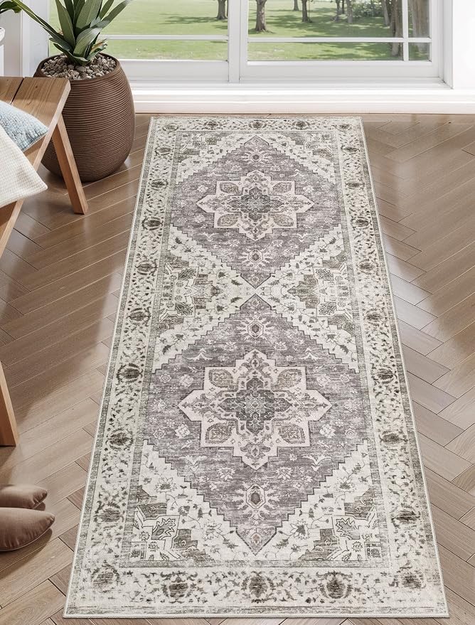 SERISSA 2x5 Washable Non Slip Boho Runner Rug for Hallway，Earth Tone | Ultra Soft Vintage Oriental Carpet Low-Pile Distressed Tribal Floor Carpet for Kitchen Bedroom Bathroom Laundry Living Room