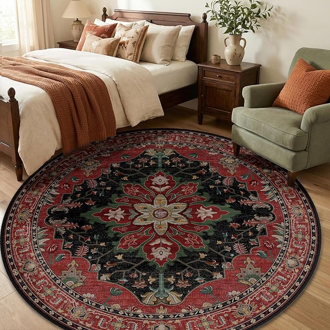 RELEANY Washable Area Rug, Round 6ft, Red/Black | Non-Slip, Water Repellent, Pet Friendly, Easy to Clean, Vintage Floral Boho Decor for Living Room Bedroom Dining Room