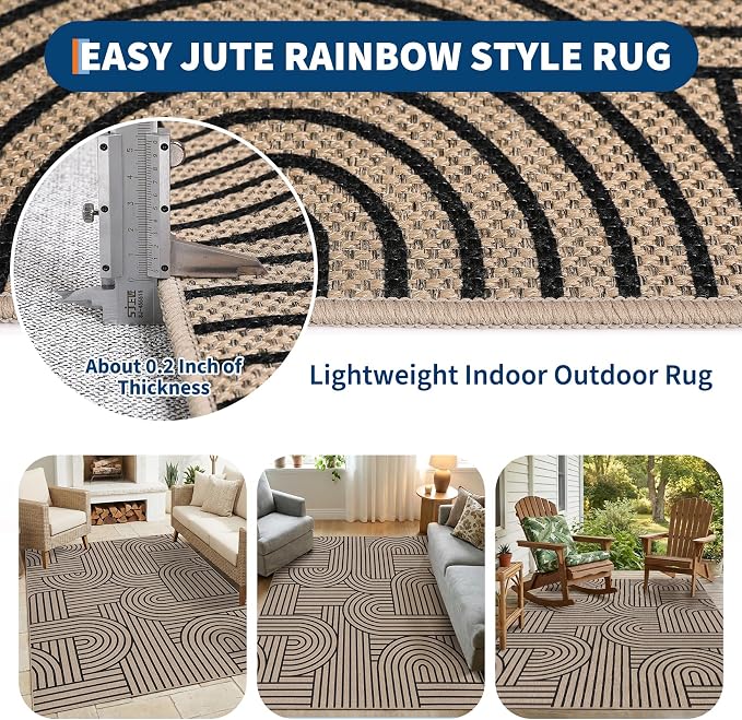 GarveeHome Rainbow Easy Jute Rug 4x6 Washable Abstract Non Slip Living Room Ultra-Thin Bedroom Rug, Non Skid Backing Non Shedding Accent Carpet for Dining Room Office
