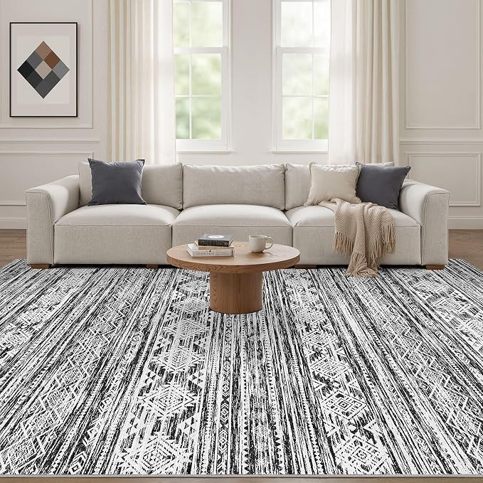 Nakagishi Boho 5x7 Area Rug Living Room Rugs Machine Washable Black White | Soft, Pet & Kid Friendly, Carpet for Living Room/Bedroom/Office/Kitchen/Nursery, Daily Home Decor Stain Resistant Moroccan