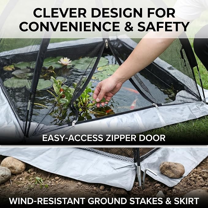 PGL Pond Cover Net Garden Dome Netting - Outdoor Protecting Tent for Fish Koi 10×8FT Zippers and Wind Ropes Protect Ponds, Gardens and Vegetable Gardens