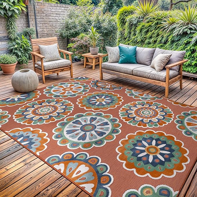Outdoor Rug 6x9 Washable Area Rugs Indoor Outdoor Carpets Orange Bohemian Medallion Non Shedding Waterproof Easy Clean Patio Deck Porch Living Room Bedroom Garden RV (6 X 9 Orange)