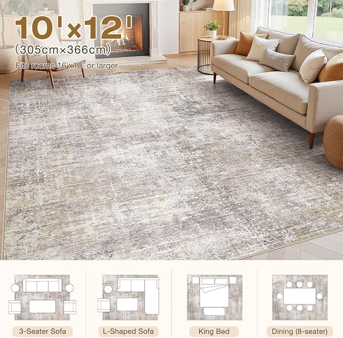 kakania Abstract 10x12 Area Rugs for Living Room: Washable Rugs Brown Gold | Soft, Non-Slip, Low-Pile, Pet & Kid Friendly - Large Modern Home Decor Carpet for Bedroom/Dining Room/Office/Nursery