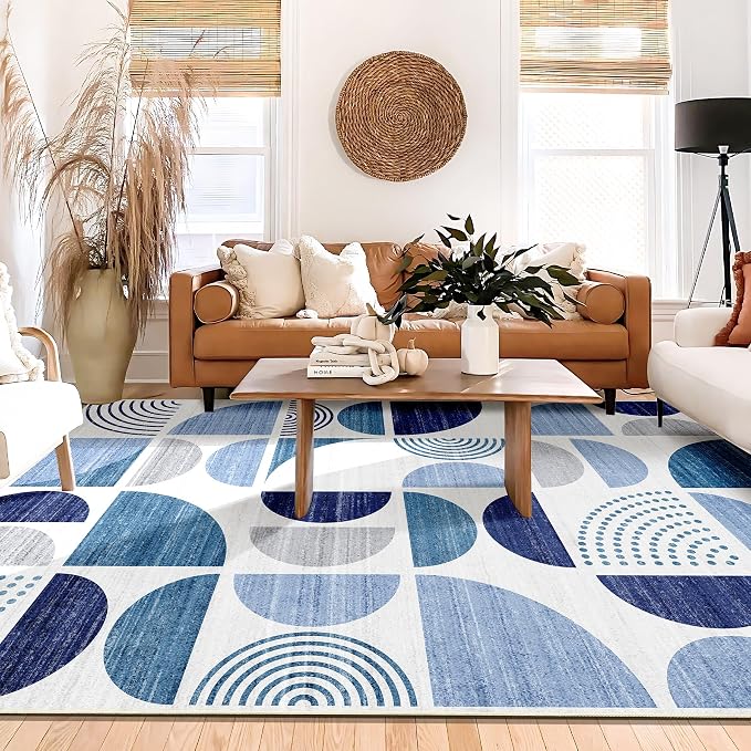 Blue Rug Boho Washable,6x9 Area Rugs Non Slip Modern Abstract Large | Throw Carpet for Living Room Bedroom Dining Room Soft Low Pile Floor Indoor Bohemian Navy Blue