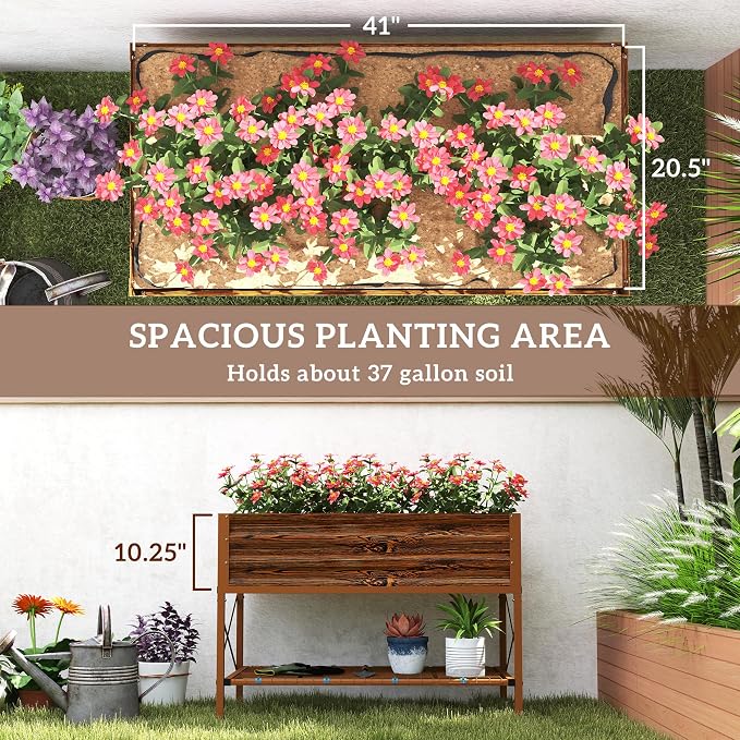 Outsunny Raised Garden Bed with Galvanized Steel Frame, Storage Shelf and Bed Liner, Elevated Planter Box with Legs for Vegetables, Flowers, Herbs, Dark Brown