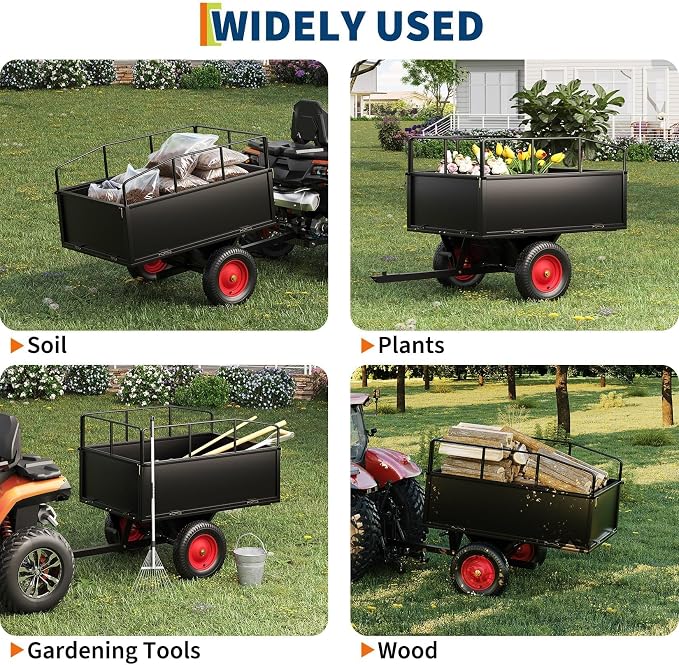 17 Cu.Ft 750Lbs Steel ATV UTV Trailer, Tow Behind Dump Cart, Heavy Duty Pull Behind Removable Sides, Pull Behind Utility Dump Trailer for, Garden, Lawn Mower Tractor