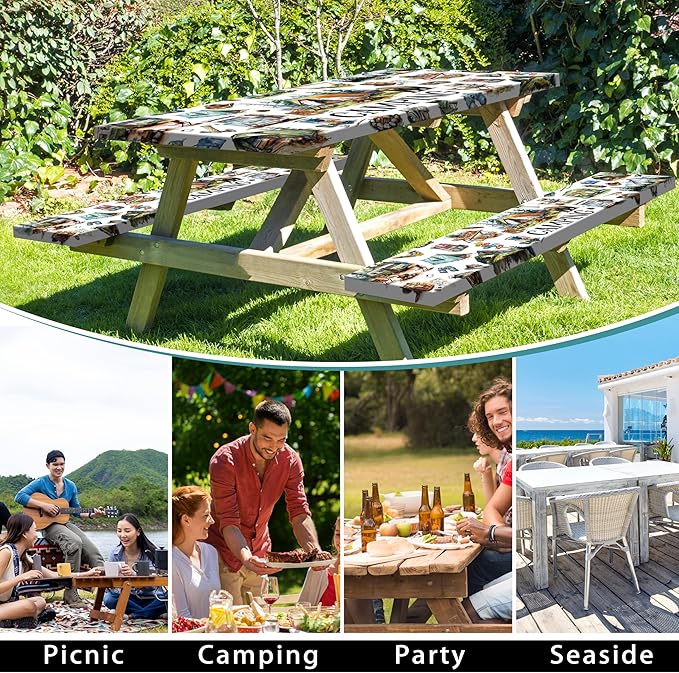 Picnic Table Cover with Bench Covers 6FT Camping Essentials Fitted Picnic Table Cloths Camping Table Cover Outdoor Elastic Picnic Tablecloth (3pcs-72")