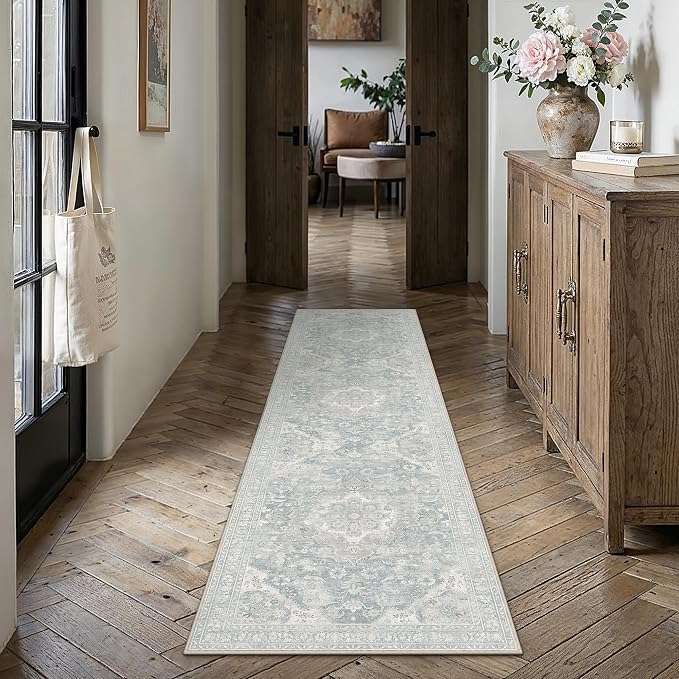 Blue Runner Rug 2x8 Kitchen Vintage Floral Non-Slip Carpet | Machine Washable, Soft, Low Pile, Distressed, for Hallway, Entryway, Laundry Room, Bathroom, Retro Neutral Decor