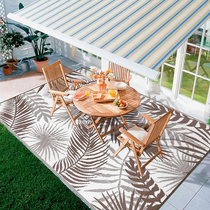 Outdoor Rug Waterproof for Patios Clearance, Reversible Outdoor Plastic Straw Rug Camping Carpet, Outside Floor Mats Large Area Rugs for RV,Patio,Deck,Porch,Beach,Balcony，10'x8',Brown&White