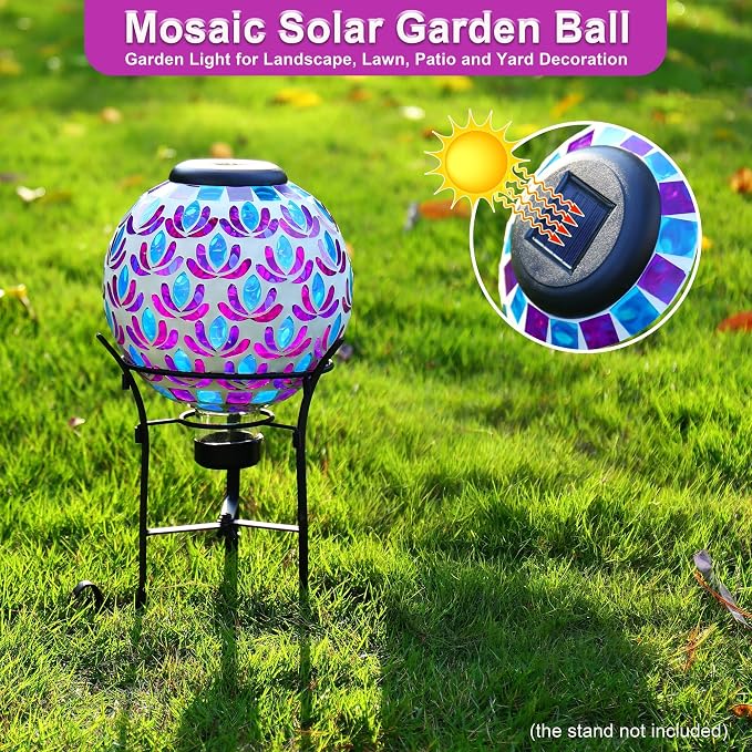 SAVENNA Mosaic Solar Gazing Ball 8 Inch,Glass Garden Globe with Auto On/Off for Yard, Lawn & Outdoor Decor,Purple Blue
