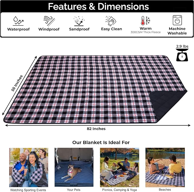 BRAWNTIDE Large Waterproof Outdoor Blanket, Extra Thick Fleece, Warm, Windproof & Sandproof, Quilted Stadium Blanket for Sports Events, Beach, Camping, Picnics, Dogs & Car, 82" x 55
