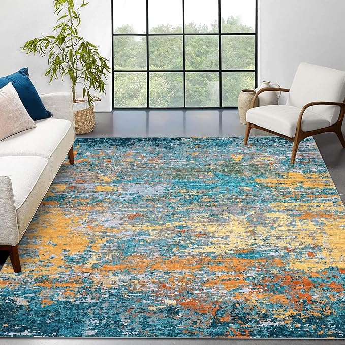 ROYHOME Area Rug 4x6 Stain Resistant Carpet, Multi Color | Modern Abstract Rugs Ultra Soft Indoor Floor Cover Accent Rug Low Pile Thin Rug for Living Room Bedroom Dining Room