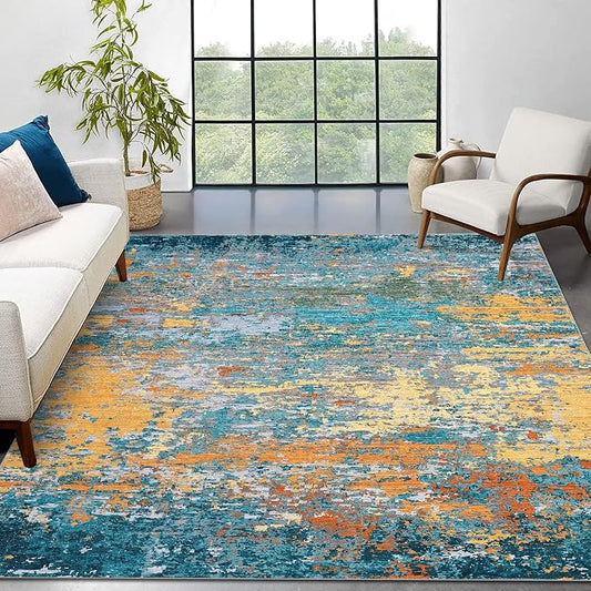 ROYHOME 9x12 Modern Abstract Accent Rug, Multi Color | Non Slip Stain Resistant Washable Throw Rug Low Pile Indoor Floor Cover for Living Room Bedroom Office Home Decor