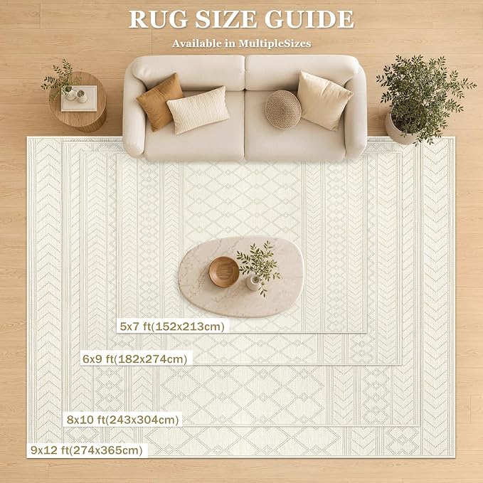 5x7 Area Rug For Living Room, Washable Beige Rugs Non Slip Low Pile | Neutral Large Soft Rug，Modern Geometric Carpet For Bedroom Dining Room Home Office Decor rug