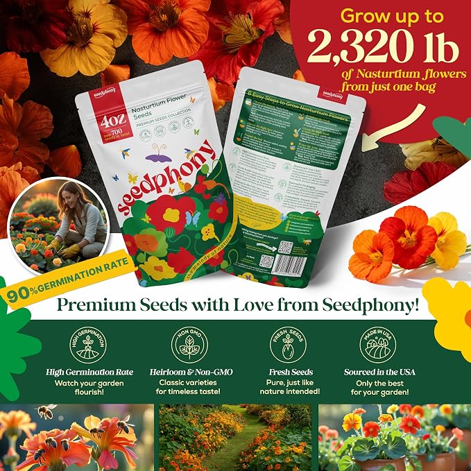 Seedphony Nasturtium Seeds Pack 4 oz - 700 Non-GMO Heirloom Nasturtium Seeds for Planting, Perennial Flowers in Waterproof Seed Packet, Wildflower Seeds for Planting Garden Indoor & Outdoor Gardening