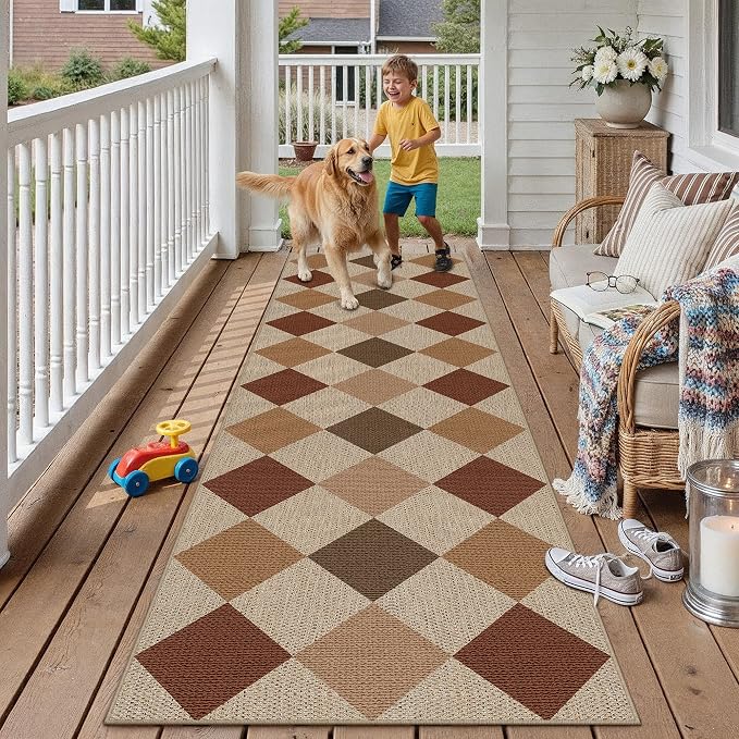 PureCozy 2x8 Checkered Easy Jute Runner Rug Non Slip Hallway Kitchen Washable Outdoor Rug for Entryway Indoor Checkerboard Brown-Beige Long Indoor Outdoor Carpet for Bedside Entry Front Door Porch
