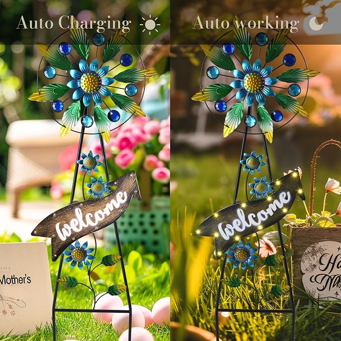 TERESA'S COLLECTIONS Wind Spinners Outdoor Solar Decor, Hummingbird Metal Windmill for Yard Decorative Garden Stakes for Porch,Garden,Yard,26''