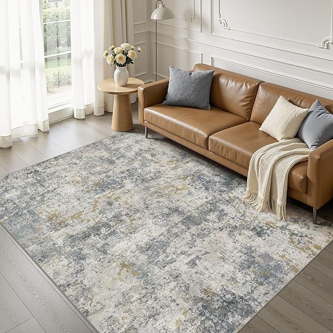 kakania Washable 7x9 Area Rug for Living Room: Abstract Modern Home Decor | Soft Stain Resistant, Low-Pile, Non-Slip, Pet & Kid Friendly, Thin Rug for Bedroom/Dining Room/Kids Dorm - Blue Grey