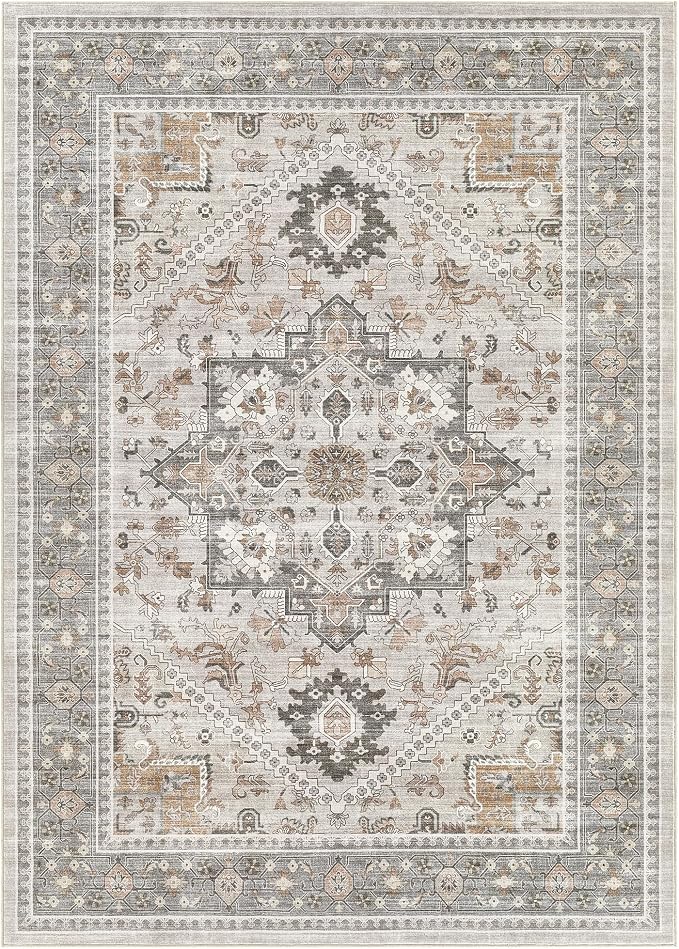 Washable Area Rug-10X14 Vintage Neutral Soft Taupe | Non Slip Thin Foldable Large Floor Carpet for Living Room Bedroom Kitchen Dining Room Home Office Farmhouse Indoor