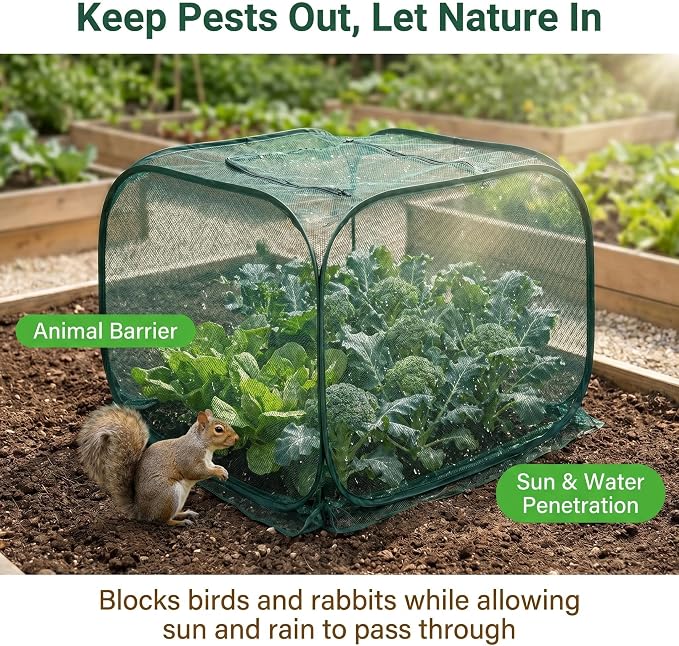 Collapsible Pop-Up Mesh Garden Cover（47''x47''x47''for Square Raised Beds-30% Sunblock，Protective Netting Cage for Vegetables, Fruits & Flowers, Keep Birds and Small Animals Out
