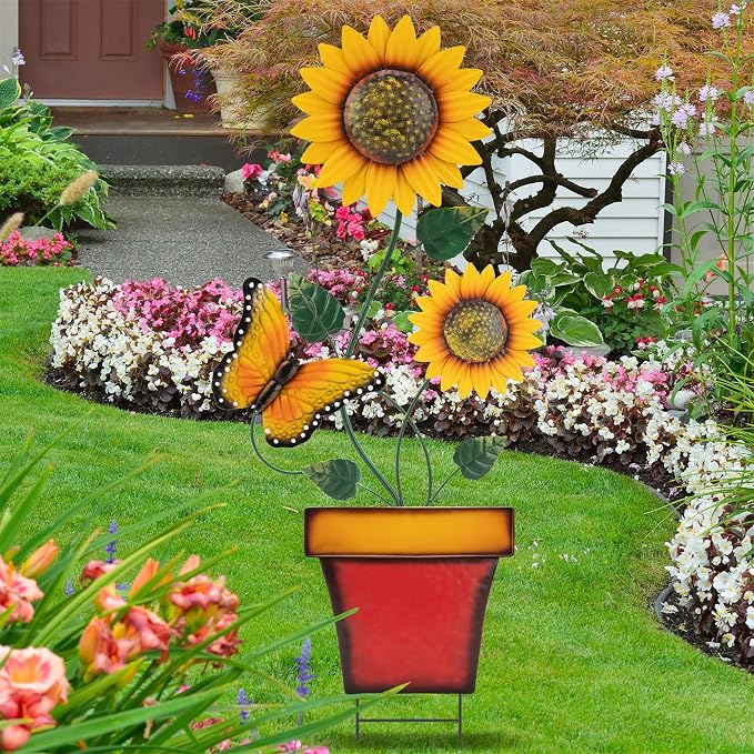 pearlstar Sunflower Decorative Garden Stake 44 Inches Large Metal Art Outdoor Yard Decor Flower Pot Design for Outside Garden Lawn Patio Proch Ornaments,Butterfly
