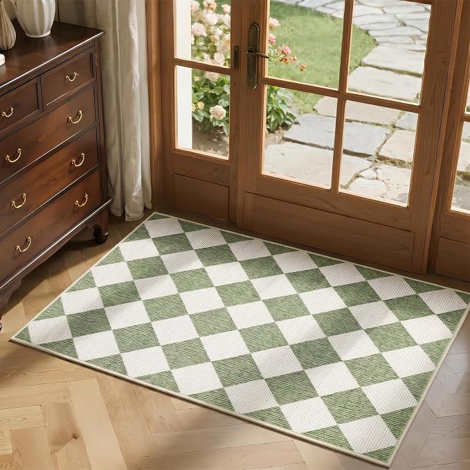 GarveeHome Checkered Entryway Rug 2x3 Sage Green Washable Front Door Rug | Diamond Indoor Entrance Plaid Carpet Non-Slip Low Pile Throw Rugs for Kitchen Floor, Powder Room, Entry, Bathroom, Kids Room