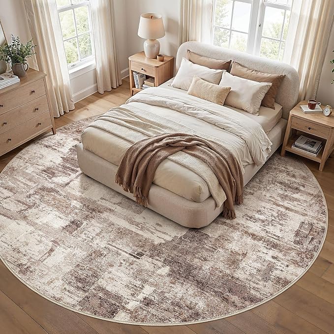 kakania Abstract 12x12 Round Rugs for Living Room: Circle Rugs 12FT Brown | Washable, Soft, Non-Slip, Low-Pile, Pet & Kid Friendly - Large Modern Home Decor Carpet for Bedroom/Dining Room/Nursery