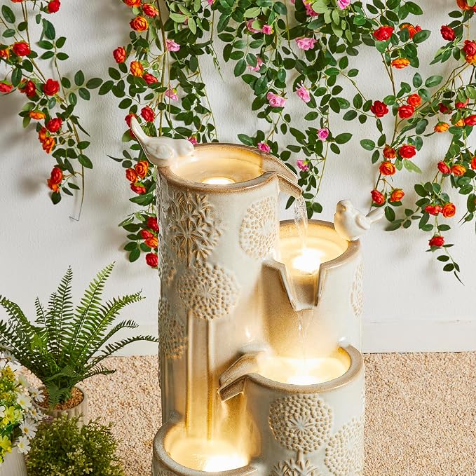 Glitzhome Water Fountain Outdoor with LED Lights, 4-Tier Vase Shaped Ceramic Outdoor Fountain, Dandelion Glaze Water Fountains Feature for Garden Backyard Patio, Sand Beige, 31.7”H