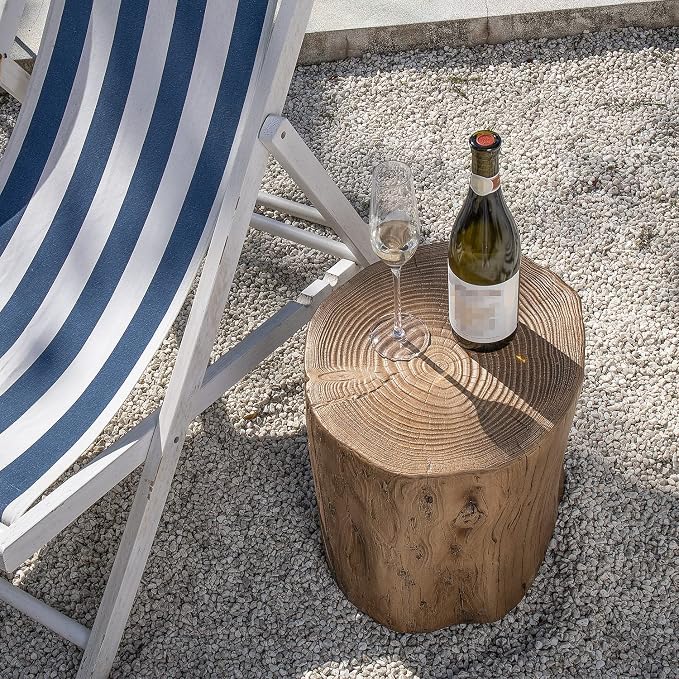 COSIEST 2 Pieses Outdoor Side Table, Hand-Painted Wood Stump Side Table Set of 2, Faux Wood Stool, Ottomans, Plant Stand, Deck or Garden (Light Oak)