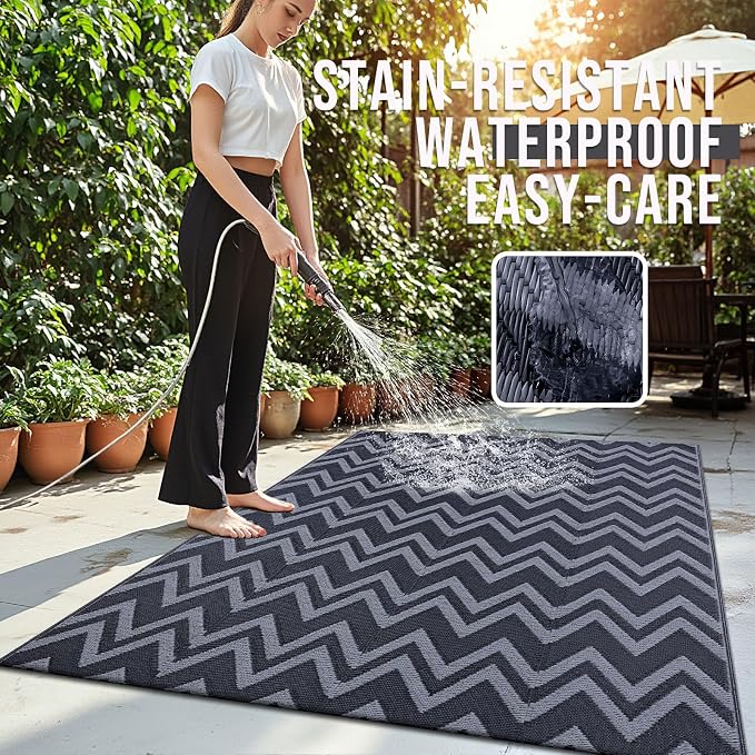 OLANLY Waterproof Outdoor Rug 5x8 ft Clearance, Reversible Outdoor Plastic Straw Rug, RV Mat, Indoor Outdoor Carpet for Patio, Camping, Balcony, Deck, Backyard, Black & Grey