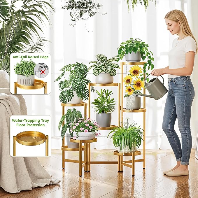 Gold Plant Stand, 8 Tiered Plant Stand Indoor for Multiple Large Planter, Tall Heavy Duty Adjustable Folding Rack with Rustproof 7.9 Inch Wide Tray, Corner Plant Shelf for Balcony - GoldDisk