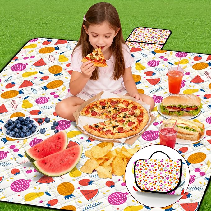 Poedist Extra Large Picnic Blanket Waterproof,80"x 80"Foldable Machine Washable Beach Blanket,Outdoor Blanket for 6-8 Adults,Suitable for Indoor Crawling,Park Beach,Camping,Hiking,Family Travel(Fruit