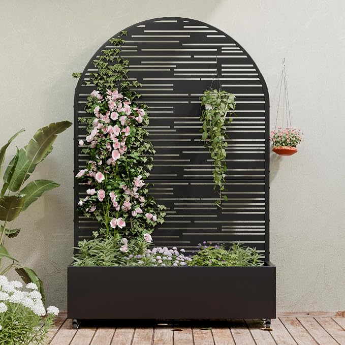 Casaphoria Metal Raised Garden Bed with Trellis and Wheels, 72"x47"x16" Arched Planter Box for Climbing Plants, Vegetables & Vines, Features Drainage Holes and Privacy Screen (Black-Shine)
