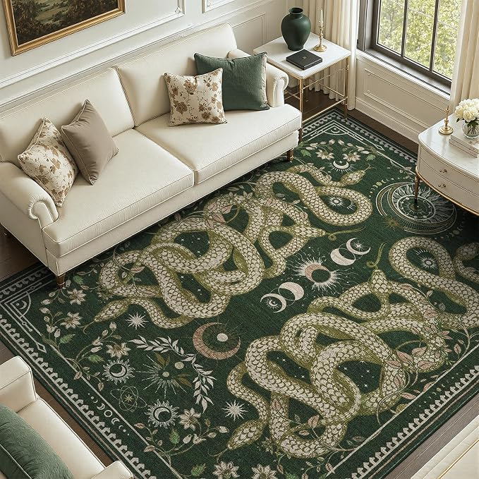 DCX 6x9 Washable Snake Rug for Living Room, Non Slip Low Pile Rug, Dark Green