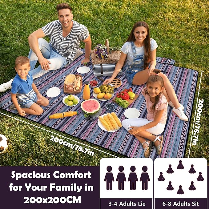 Picnic Blankets Waterproof, Extra Large Picnic Mat 79"X79", Sandproof Washable Camping Beach Blanket, Camping Accessories for Outdoor Activities, Bohemia