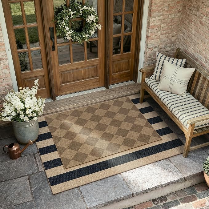 Lahome Colette Checkered Easy Jute Rug, 2x3 Entryway Rug Indoor Outdoor Front Door Mat, Farmhouse Neutral Non Slip Non Shedding Washable Kitchen Mats for Floor Foyer